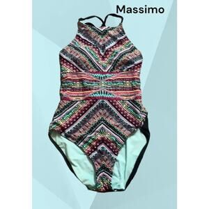 Massimo One Piece Swimsuit Women Size Medium Colorful Tribal Aztec Lace Up Back